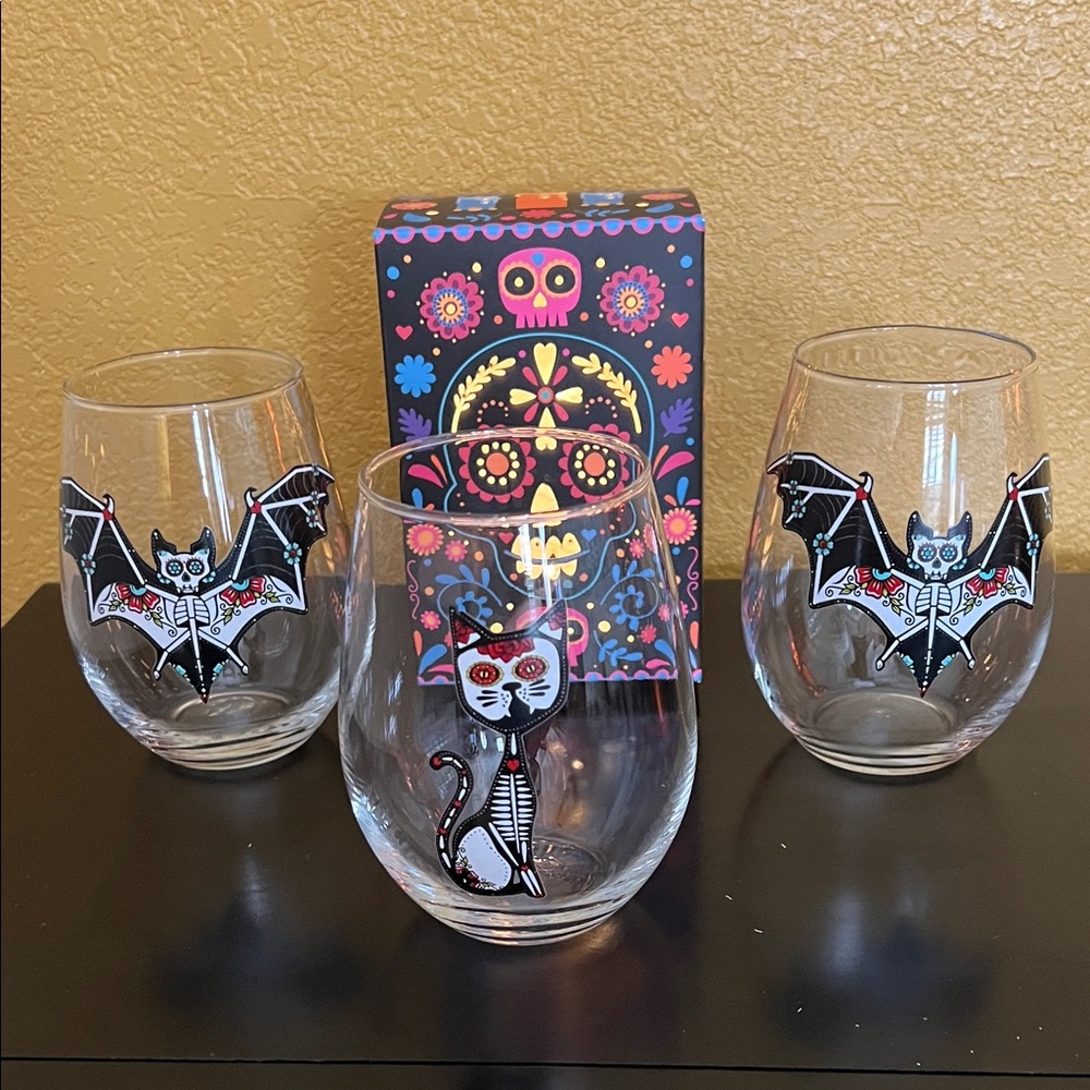 Halloween Cat and Bat Stemless Wine Glasses